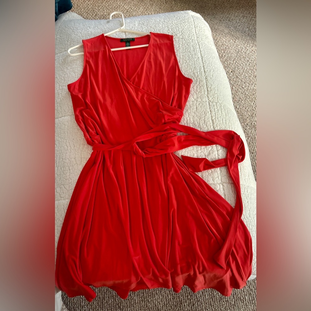 RALPH  LAUREN , RED , sleeveless dress with removable sash belt.